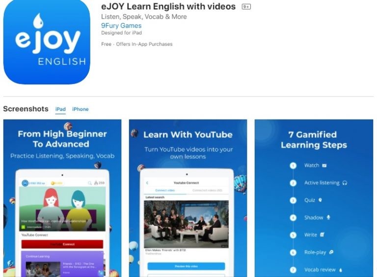 Ứng dụng này hỗ trợ học từ vựng thông qua các video trên YouTube và các trò chơi thú vị