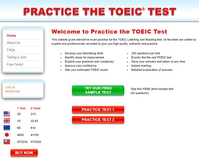 Giao diện website tự học TOEIC online: Practise the TOEIC test